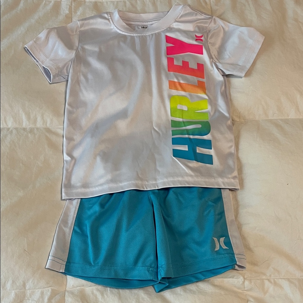 Hurley Kids Set - White with Multicolor Logo and Blue Shorts